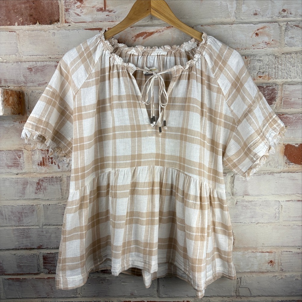 Pilcro Anthropologie Oversized Tan Plaid Tie Neck Blouse Size S Cottagecore Boho
